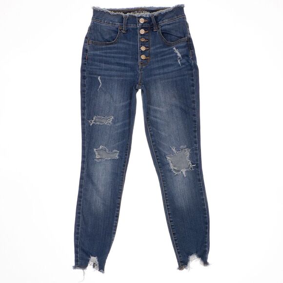 Maurices Super High Rise Jegging XS Womens Distress Button Fly Blue 25x25.5 - Picture 1 of 10